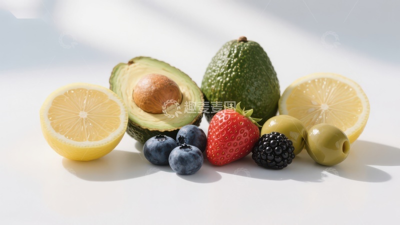 高清大图下载【趣麦麦图】新鲜水果组合：柠檬、牛油果与浆果