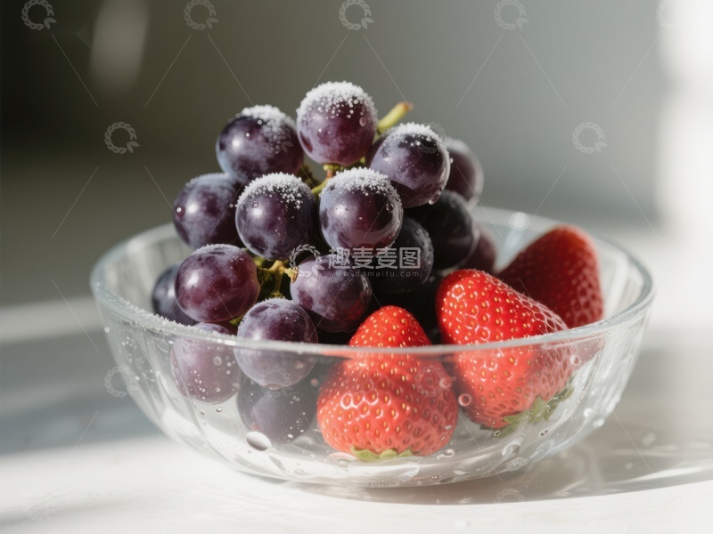 高清大图下载【趣麦麦图】葡萄草莓盛于透明碗中