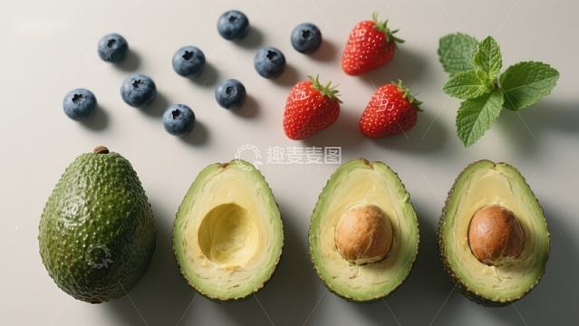 新鲜水果组合：牛油果、蓝莓与草莓