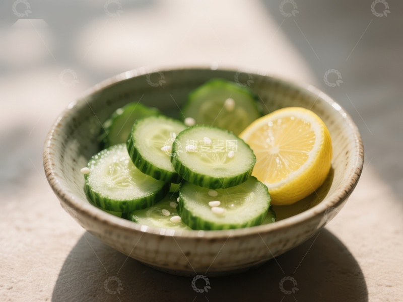高清大图下载【趣麦麦图】清新黄瓜柠檬片，置于陶瓷碗中