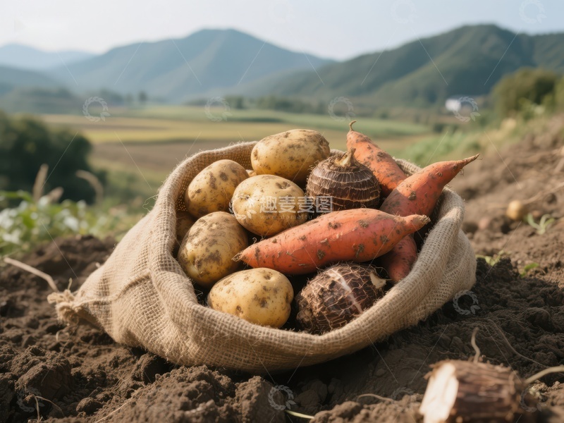 高清大图下载【趣麦麦图】田间麻袋装满新鲜红薯与土豆