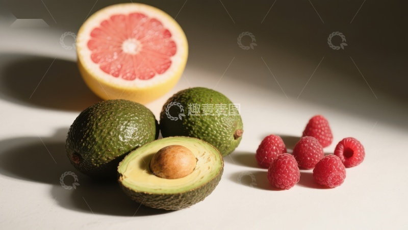 高清大图下载【趣麦麦图】新鲜水果组合：牛油果、覆盆子与葡萄柚