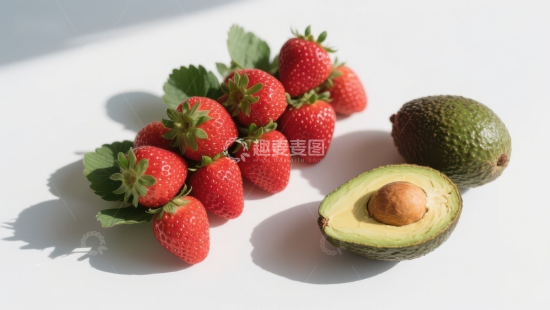 高清大图下载【趣麦麦图】新鲜草莓与牛油果的静物组合