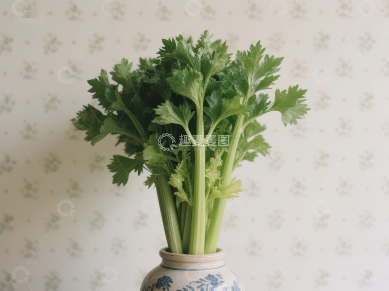 高清大图下载【趣麦麦图】-新鲜芹菜置于陶瓷花瓶中