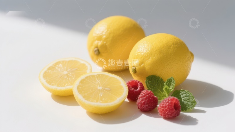 高清大图下载【趣麦麦图】新鲜柠檬与覆盆子的静物组合