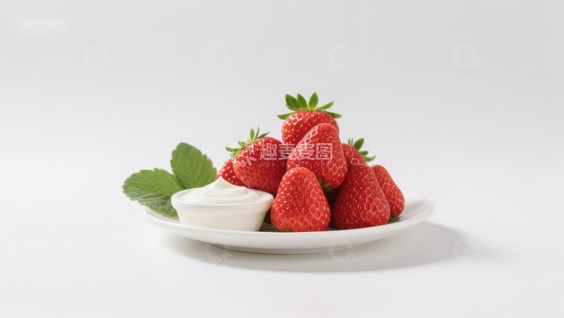 高清大图下载【趣麦麦图】新鲜草莓配奶油，简洁摆盘