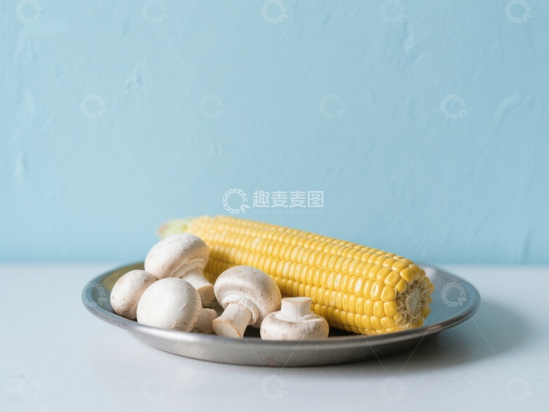 高清大图下载【趣麦麦图】盘中玉米与蘑菇的静物组合