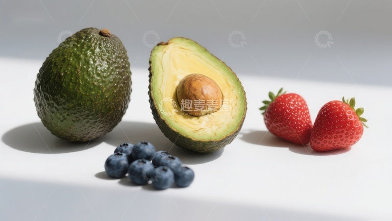 高清大图下载【趣麦麦图】新鲜水果组合：牛油果、草莓与蓝莓