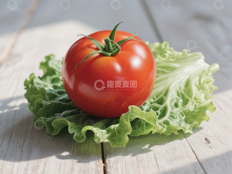 高清大图下载【趣麦麦图】新鲜番茄置于生菜之上