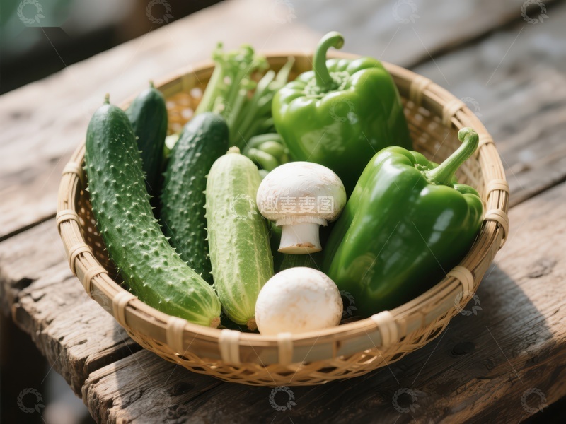高清大图下载【趣麦麦图】新鲜蔬菜篮：青椒、黄瓜与蘑菇