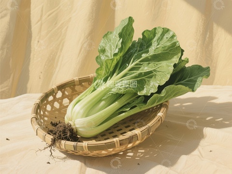新鲜青菜置于竹篮中