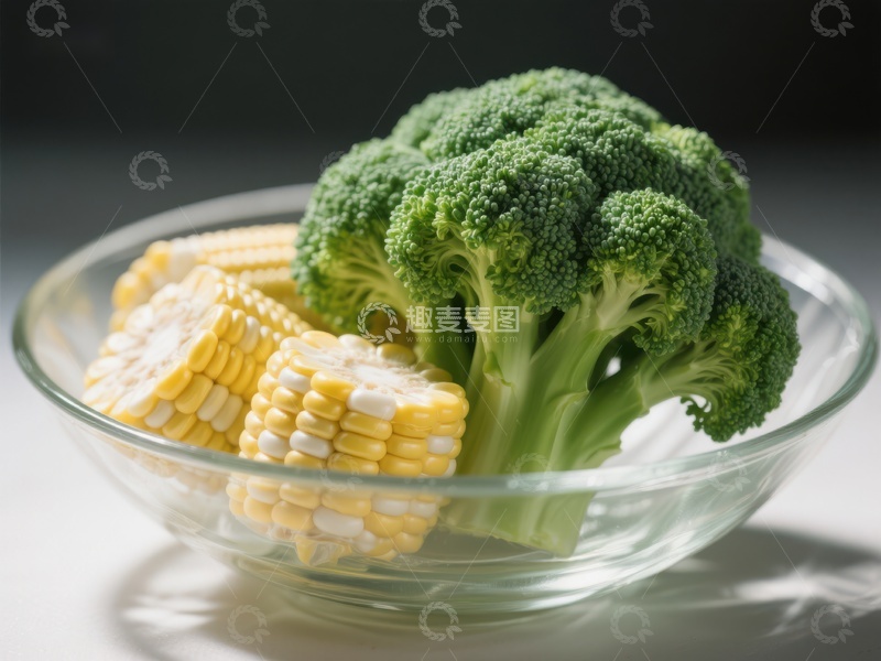 高清大图下载【趣麦麦图】碗中新鲜西兰花与玉米