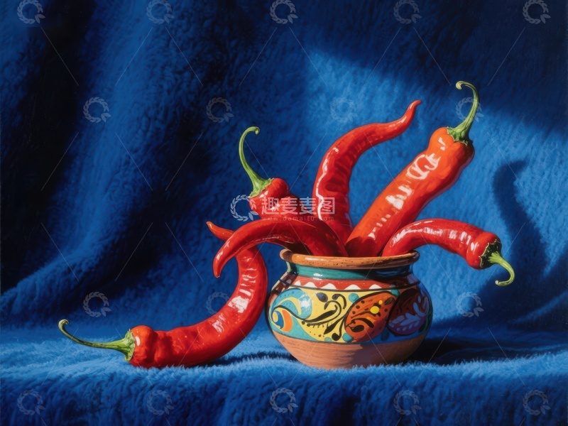 高清大图下载【趣麦麦图】红色辣椒置于彩绘陶罐中