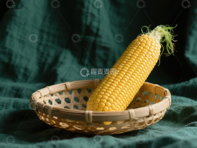 高清大图下载【趣麦麦图】玉米置于竹篮中，背景为深绿色布料