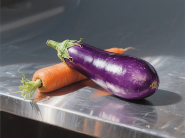紫色茄子与橙色胡萝卜静置金属台面