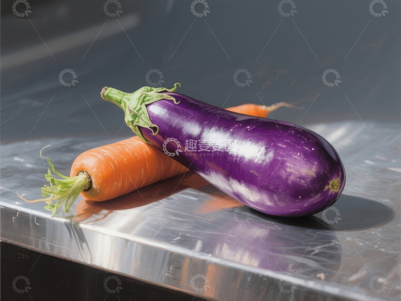 高清大图下载【趣麦麦图】紫色茄子与橙色胡萝卜静置金属台面