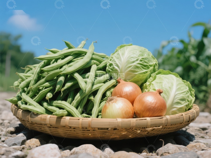 高清大图下载【趣麦麦图】新鲜蔬菜篮：四季豆、洋葱与卷心菜