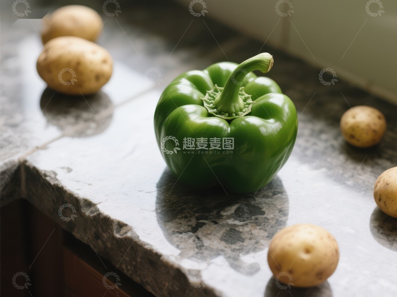 高清大图下载【趣麦麦图】新鲜青椒与土豆置于石台