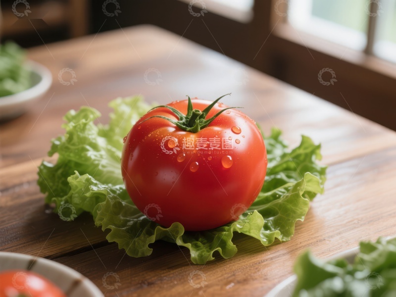 高清大图下载【趣麦麦图】新鲜番茄置于生菜之上