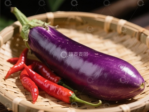 紫茄子与红辣椒置于竹篮