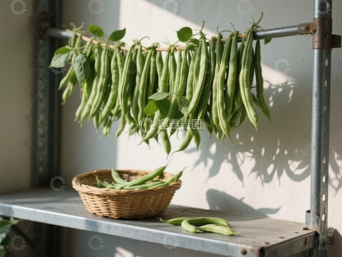 新鲜豆荚悬挂晾晒，篮中盛放