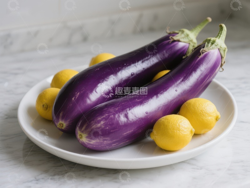 高清大图下载【趣麦麦图】紫色茄子与黄色柠檬的静物组合