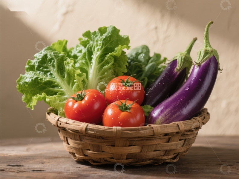 高清大图下载【趣麦麦图】新鲜蔬菜篮：西红柿、茄子与生菜
