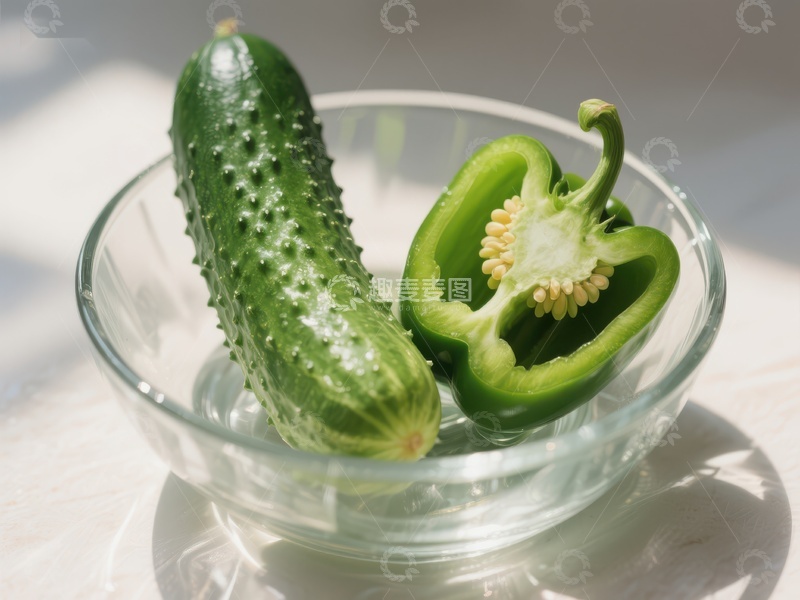高清大图下载【趣麦麦图】黄瓜与青椒置于透明碗中