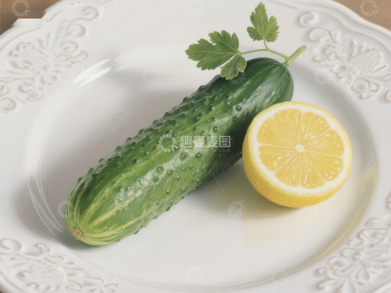 高清大图下载【趣麦麦图】黄瓜与柠檬切片置于白色盘中