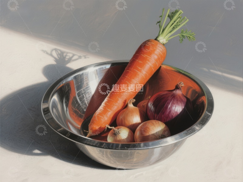 高清大图下载【趣麦麦图】金属碗中的胡萝卜与洋葱