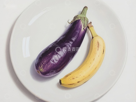 茄子与香蕉并列于白色盘中