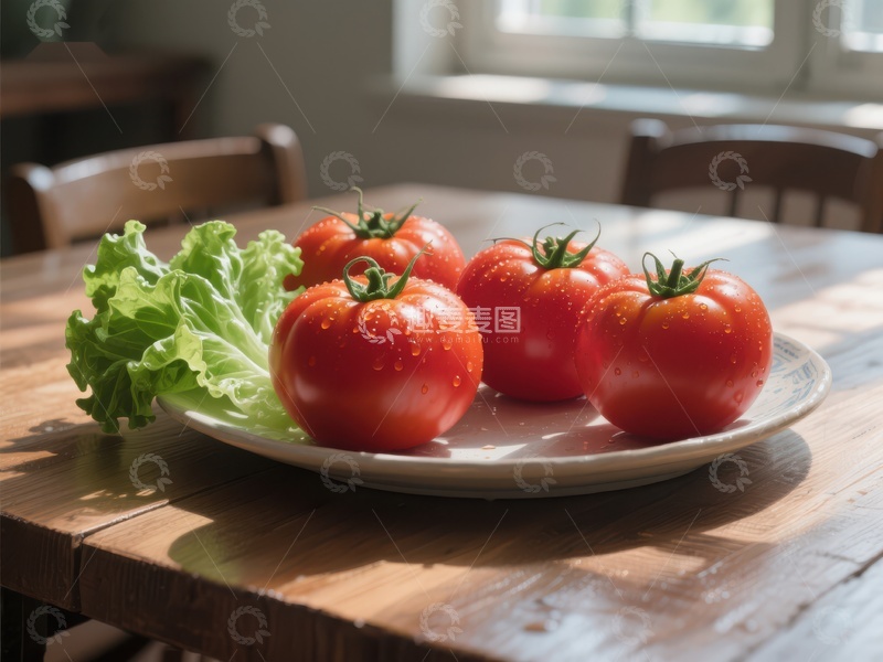 高清大图下载【趣麦麦图】新鲜番茄与生菜置于木质餐桌