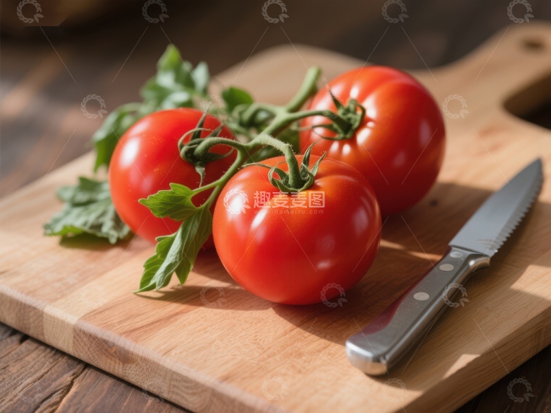 高清大图下载【趣麦麦图】新鲜番茄与刀具置于砧板上