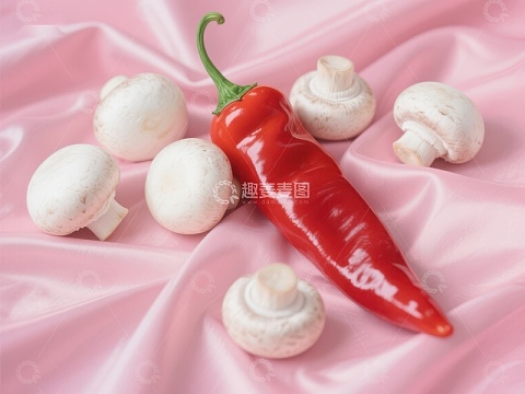 红辣椒与白蘑菇置于粉色布料上