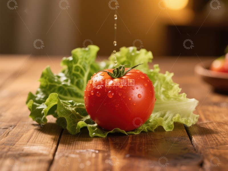 高清大图下载【趣麦麦图】新鲜番茄滴水，置于生菜之上