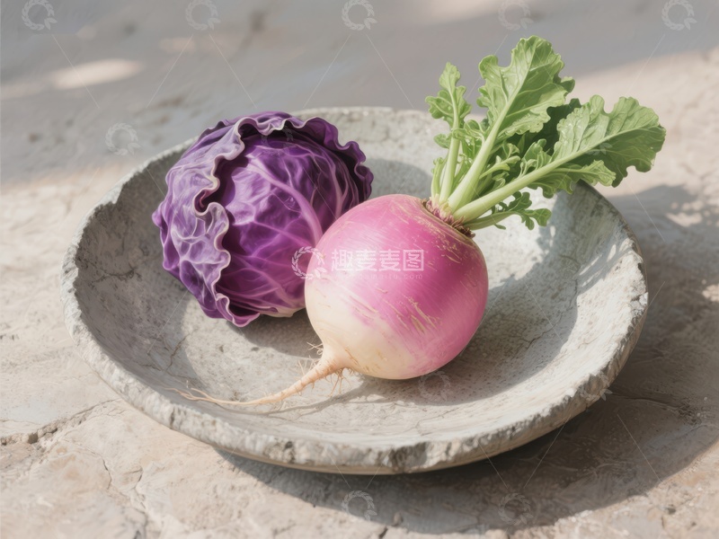 高清大图下载【趣麦麦图】紫甘蓝与萝卜置于石盘