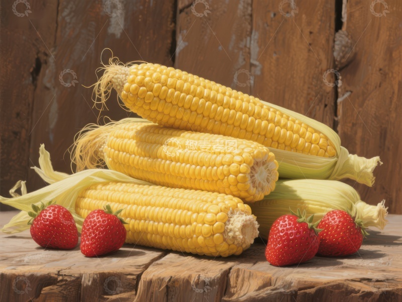 高清大图下载【趣麦麦图】新鲜玉米与草莓静物图