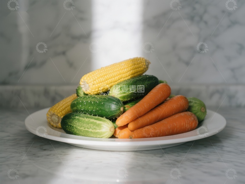 高清大图下载【趣麦麦图】新鲜蔬菜堆叠在白色盘子上