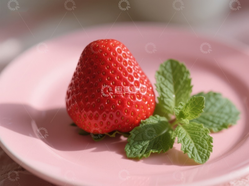 高清大图下载【趣麦麦图】新鲜草莓配薄荷叶置于粉色盘中