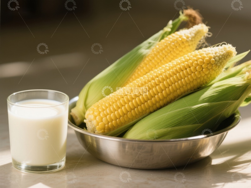 高清大图下载【趣麦麦图】新鲜玉米与牛奶的健康搭配