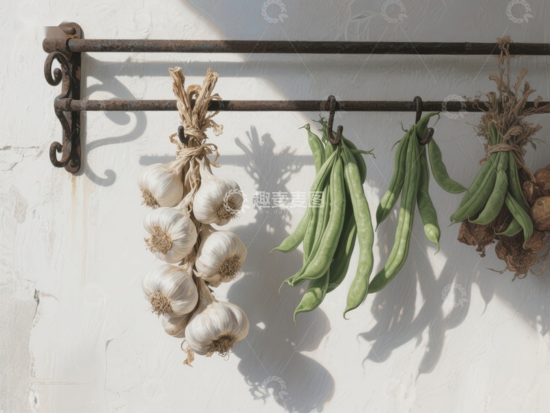 高清大图下载【趣麦麦图】悬挂的蒜头与豆荚