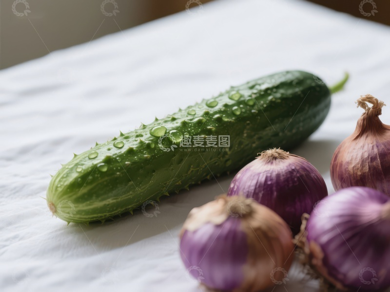 高清大图下载【趣麦麦图】新鲜黄瓜与洋葱的静物组合