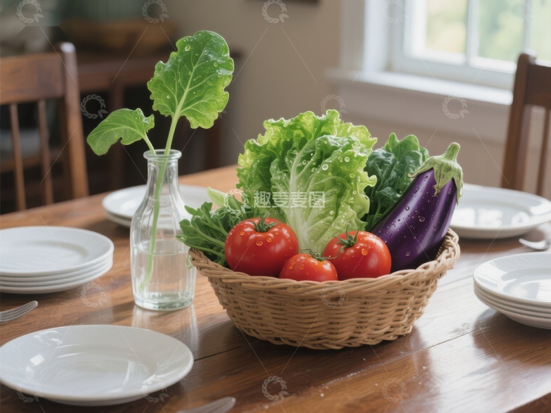 高清大图下载【趣麦麦图】新鲜蔬菜篮置于餐桌之上
