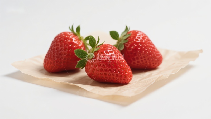 高清大图下载【趣麦麦图】三颗新鲜草莓置于浅色纸巾上