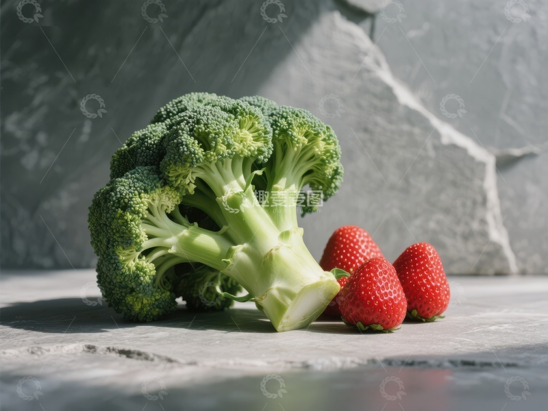 高清大图下载【趣麦麦图】新鲜西兰花与草莓的静物组合