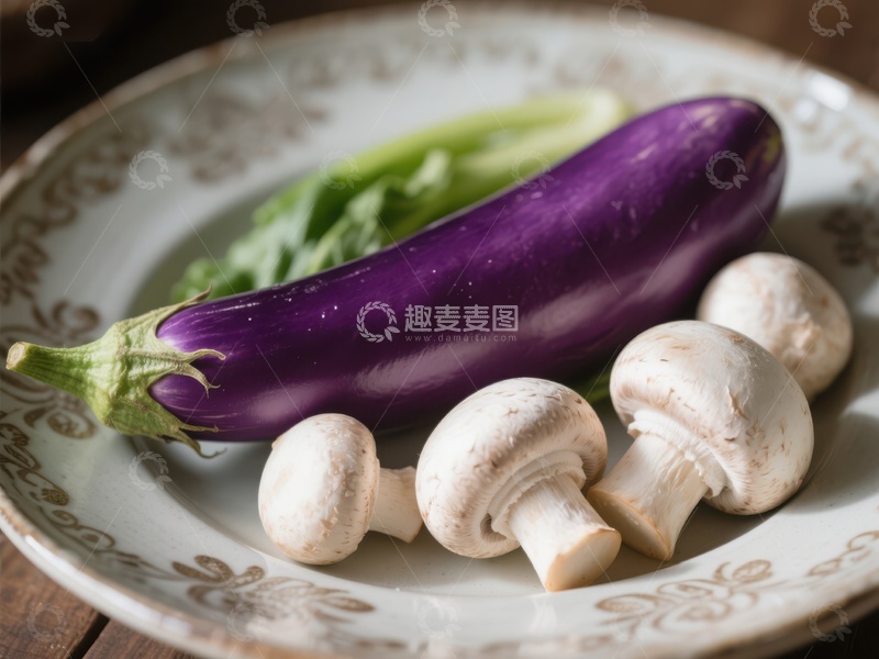 高清大图下载【趣麦麦图】盘中茄子蘑菇与绿叶蔬菜
