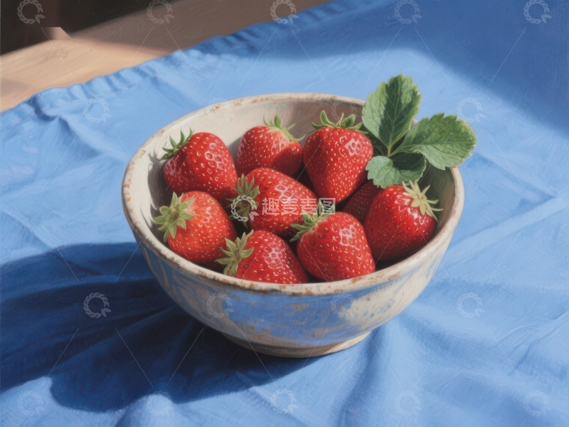 高清大图下载【趣麦麦图】新鲜草莓盛于陶碗中