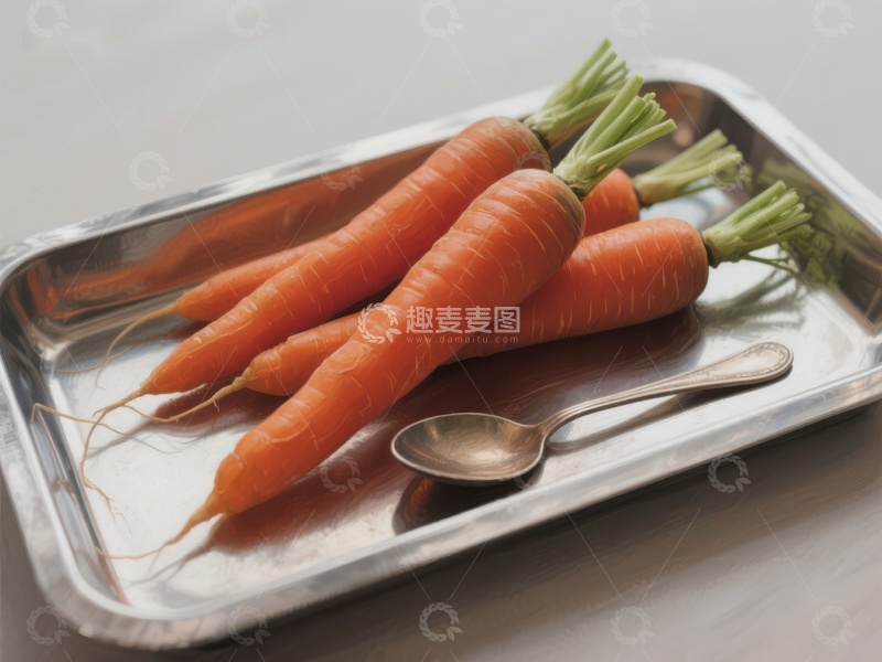 高清大图下载【趣麦麦图】新鲜胡萝卜置于金属托盘
