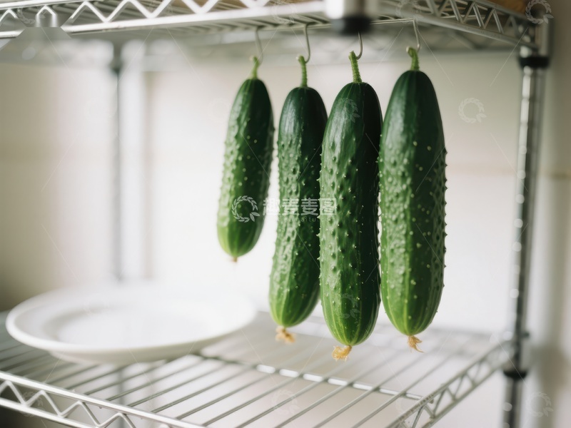 高清大图下载【趣麦麦图】悬挂的黄瓜在金属架上