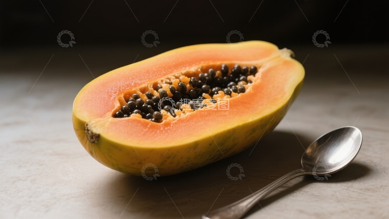 高清大图下载【趣麦麦图】切开的木瓜与勺子